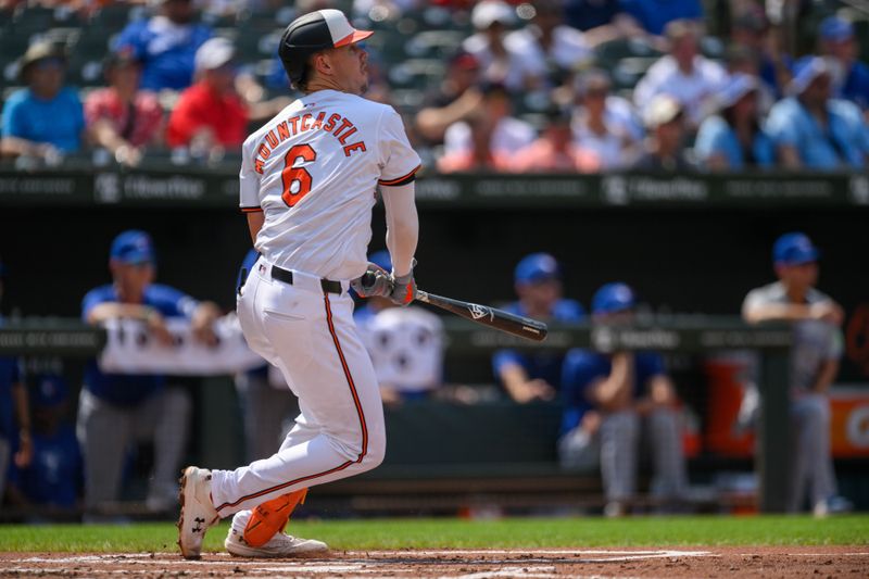 Jul 29, 2024; Baltimore, Maryland, USA; Baltimore Orioles first base Ryan Mountcastle (6) hits a single against the Toronto Blue Jays during the first inning at Oriole Park at Camden Yards. Mandatory Credit: Reggie Hildred-USA TODAY Sports