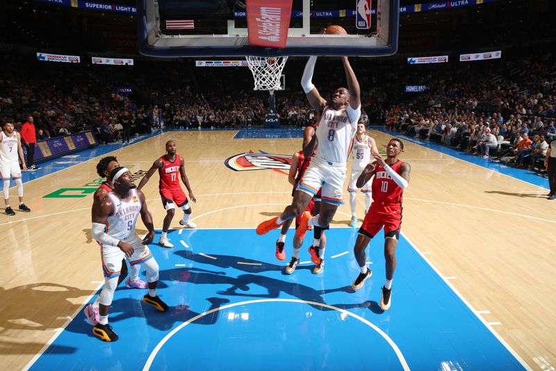 OKLAHOMA CITY, OK - OCTOBER 9: Jalen Williams #8 of the Oklahoma City Thunder dunks the ball during the game against the Houston Rockets during a NBA pre season game on October 9, 2024 at Paycom Center in Oklahoma City, Oklahoma. NOTE TO USER: User expressly acknowledges and agrees that, by downloading and or using this photograph, User is consenting to the terms and conditions of the Getty Images License Agreement. Mandatory Copyright Notice: Copyright 2024 NBAE (Photo by Zach Beeker/NBAE via Getty Images)