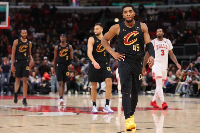 CHICAGO, ILLINOIS - FEBRUARY 28: Donovan Mitchell #45 of the Cleveland Cavaliers reacts against the Chicago Bulls at the United Center on February 28, 2024 in Chicago, Illinois. NOTE TO USER: User expressly acknowledges and agrees that, by downloading and or using this photograph, User is consenting to the terms and conditions of the Getty Images License Agreement. (Photo by Michael Reaves/Getty Images)