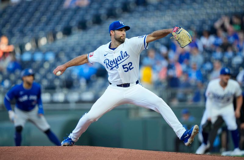 Apr 23, 2024; Kansas City, Missouri, USA; Kansas City Royals pitcher Michael Wacha (52) pitches during the first inning against the Toronto Blue Jays at Kauffman Stadium. Mandatory Credit: Jay Biggerstaff-USA TODAY Sports