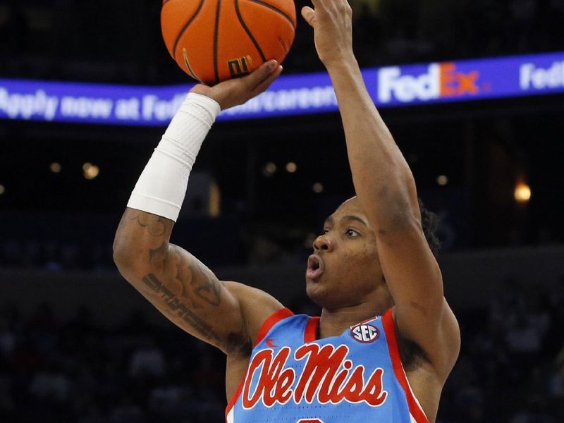 Dec 3, 2022; Memphis, Tennessee, USA; Mississippi Rebels guard TJ Caldwell (2) shoots for three during the second half against the Memphis Tigers at FedExForum. Mandatory Credit: Petre Thomas-USA TODAY Sports