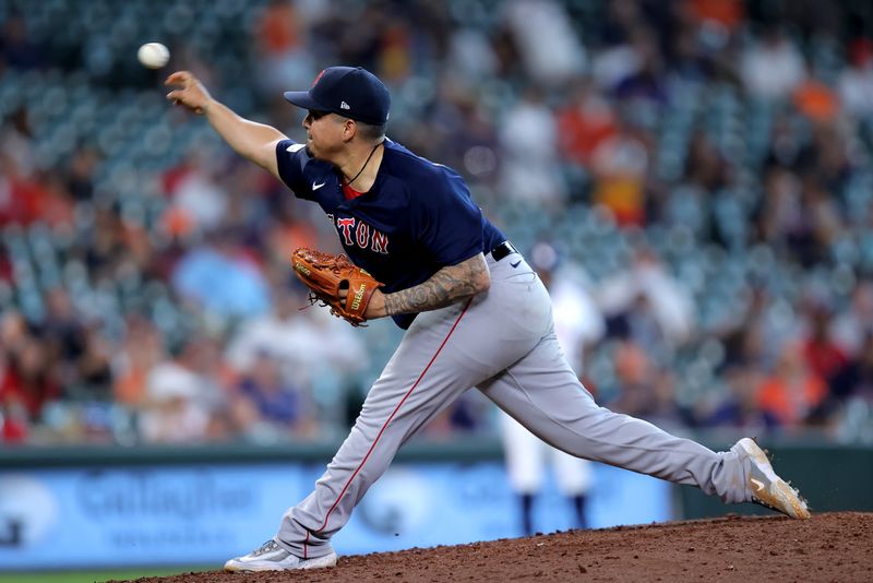 Aug 24, 2023; Houston, Texas, USA; Boston Red Sox relief pitcher Mauricio Llovera (68) delivers a pitch against the Houston Astros during the ninth inning at Minute Maid Park. Mandatory Credit: Erik Williams-USA TODAY Sports
