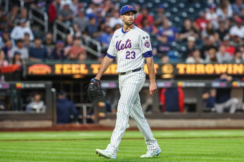 Sep 3, 2024; New York City, New York, USA;  New York Mets starting pitcher David Peterson (23) walks off the mound after retiring the side in the first inning against the Boston Red Sox at Citi Field. Mandatory Credit: Wendell Cruz-Imagn Images