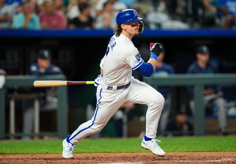 Aug 14, 2023; Kansas City, Missouri, USA; Kansas City Royals shortstop Bobby Witt Jr. (7) hits an inside-the-park home run during the fifth inning against the Seattle Mariners at Kauffman Stadium. Mandatory Credit: Jay Biggerstaff-USA TODAY Sports