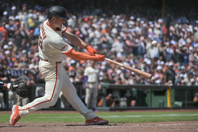 Jun 7, 2025; San Francisco, California, USA;  San Francisco Giants third baseman Matt Chapman (26) hits a walk off home run against the Atlanta Braves during the ninth inning at Oracle Park. Mandatory Credit: Ed Szczepanski-Imagn Images