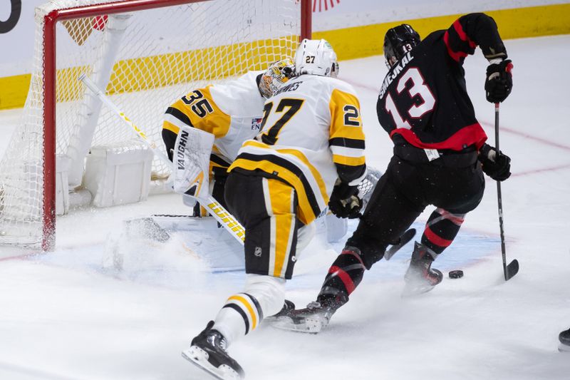 Mar 12, 2024; Ottawa, Ontario, CAN; Pittsburgh Penguins goalie Tristan Jarry (35) lines up to make a save on a shot from Ottawa Senators left wing Jiri Smejkal (13) in the third period at the Canadian Tire Centre. Mandatory Credit: Marc DesRosiers-USA TODAY Sports