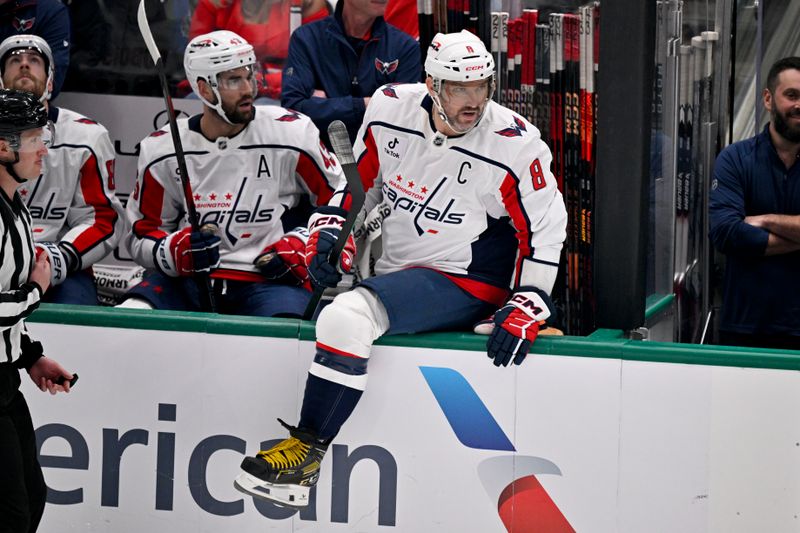 Oct 28, 2025; Dallas, Texas, USA; Washington Capitals left wing Alex Ovechkin (8) takes the ice for his first shift against the Dallas Stars during the first period at the American Airlines Center. Mandatory Credit: Jerome Miron-Imagn Images