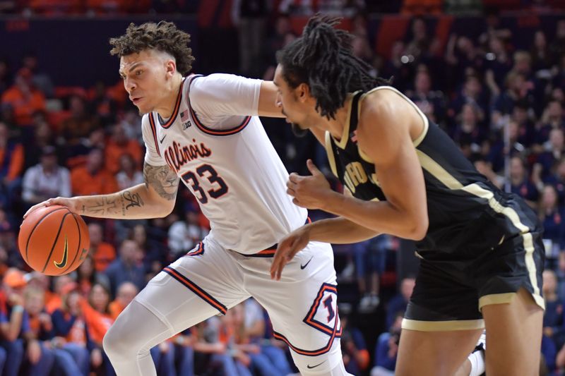 Mar 5, 2024; Champaign, Illinois, USA; Illinois Fighting Illini forward Coleman Hawkins (33) drives the ball during the first half at State Farm Center. Mandatory Credit: Ron Johnson-USA TODAY Sports