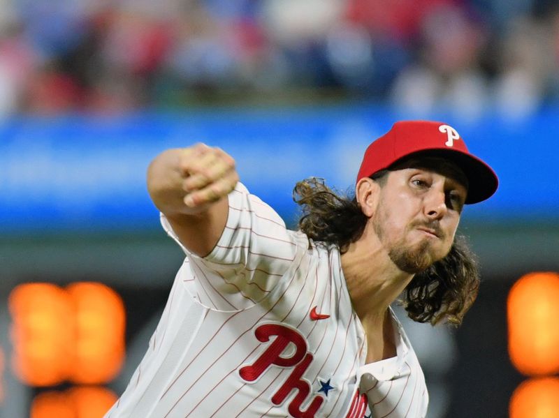 Sep 24, 2023; Philadelphia, Pennsylvania, USA; Philadelphia Phillies starting pitcher Michael Lorenzen (22) throws a pitch during the ninth inning against the New York Mets at Citizens Bank Park. Mandatory Credit: Eric Hartline-USA TODAY Sports