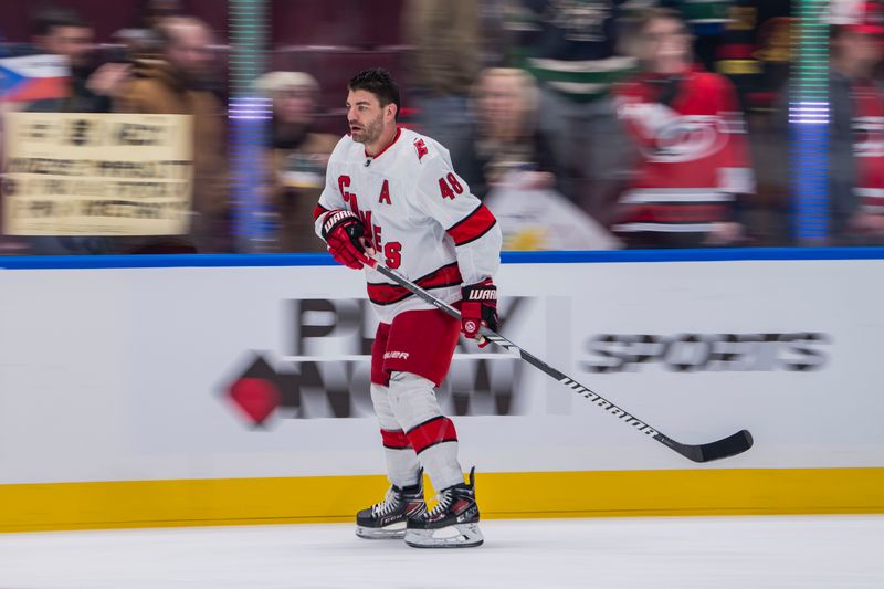 Dec 9, 2023; Vancouver, British Columbia, CAN; Carolina Hurricanes forward Jordan Martinook (48) skates during warm up prior to a game against the Vancouver Canucks at Rogers Arena. Mandatory Credit: Bob Frid-USA TODAY Sports