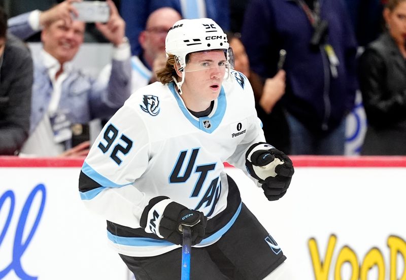 Oct 9, 2025; Denver, Colorado, USA; Utah Mammoth center Logan Cooley (92) before the game against the against the Colorado Avalanche at Ball Arena. Mandatory Credit: Ron Chenoy-Imagn Images