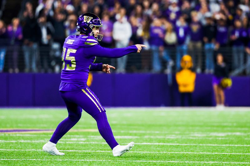 Oct 21, 2023; Seattle, Washington, USA; Washington Huskies place kicker Grady Gross (95) celebrates after making a field goal against the Arizona State Sun Devils during the fourth quarter at Alaska Airlines Field at Husky Stadium. Mandatory Credit: Joe Nicholson-USA TODAY Sports