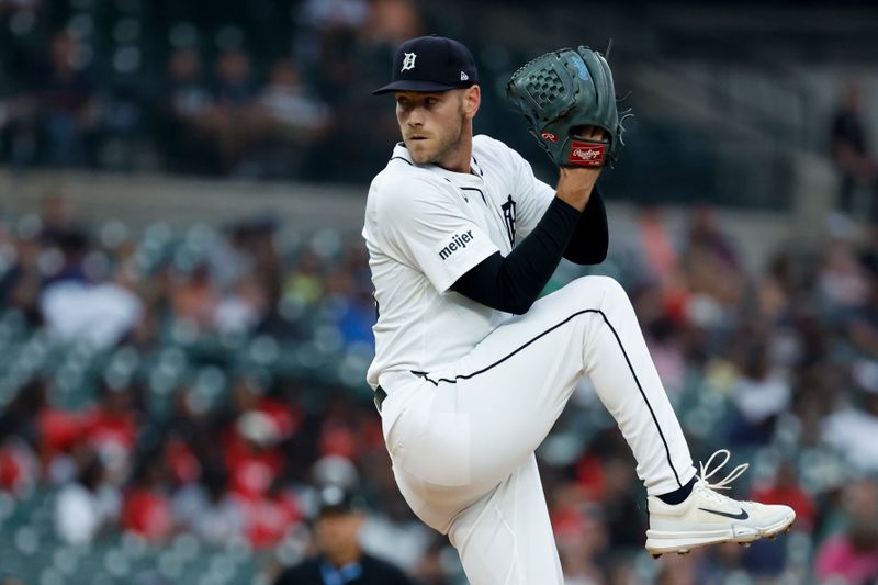 Jul 9, 2024; Detroit, Michigan, USA;  Detroit Tigers pitcher Joey Wentz (43) pitches in the third inning against the Cleveland Guardians at Comerica Park. Mandatory Credit: Rick Osentoski-USA TODAY Sports
