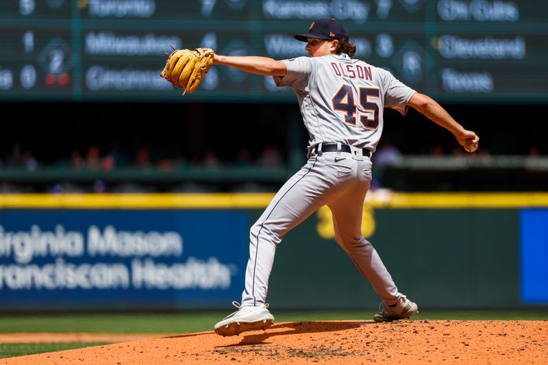 Jul 16, 2023; Seattle, Washington, USA; Detroit Tigers starting pitcher Reese Olson (45) throws against the Seattle Mariners during the third inning at T-Mobile Park. Mandatory Credit: Joe Nicholson-USA TODAY Sports