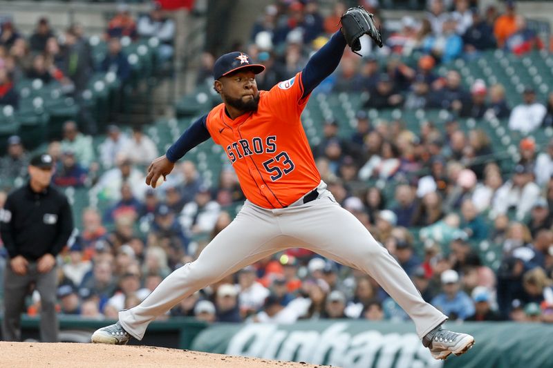 May 11, 2024; Detroit, Michigan, USA; Houston Astros pitcher Cristian Javier (53) throws against the Detroit Tigers during the first inning at Comerica Park. Mandatory Credit: Brian Bradshaw Sevald-USA TODAY Sports