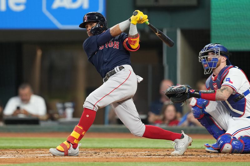 Sep 20, 2023; Arlington, Texas, USA; Boston Red Sox shortstop Ceddanne Rafaela (43) follows through on his single against the Texas Rangers during the second inning at Globe Life Field. Mandatory Credit: Jim Cowsert-USA TODAY Sports