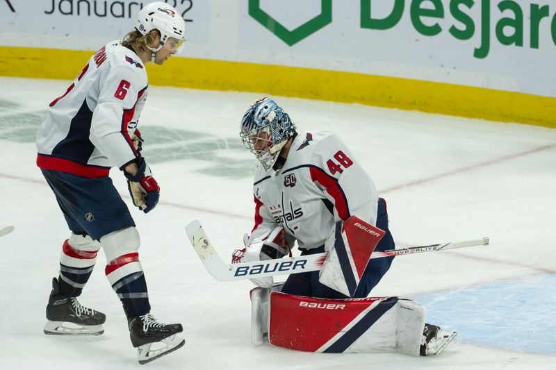 Jan 16, 2025; Ottawa, Ontario, CAN; Washington Capitals defenseman Jakob Chychrun (6) looks on as goalie Logan Thompson (48) makes a save in the third period against the  Ottawa Senators at the Canadian Tire Centre. Mandatory Credit: Marc DesRosiers-Imagn Images