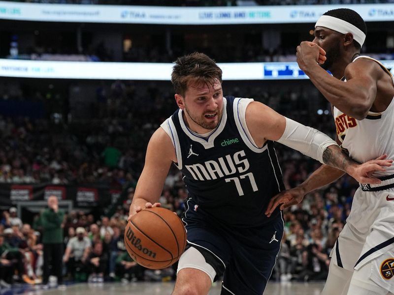 DALLAS, TX - MARCH 17: Luka Doncic #77 of the Dallas Mavericks handles the ball during the game against the Denver Nuggets on March 17, 2024 at the American Airlines Center in Dallas, Texas. NOTE TO USER: User expressly acknowledges and agrees that, by downloading and or using this photograph, User is consenting to the terms and conditions of the Getty Images License Agreement. Mandatory Copyright Notice: Copyright 2024 NBAE (Photo by Glenn James/NBAE via Getty Images)