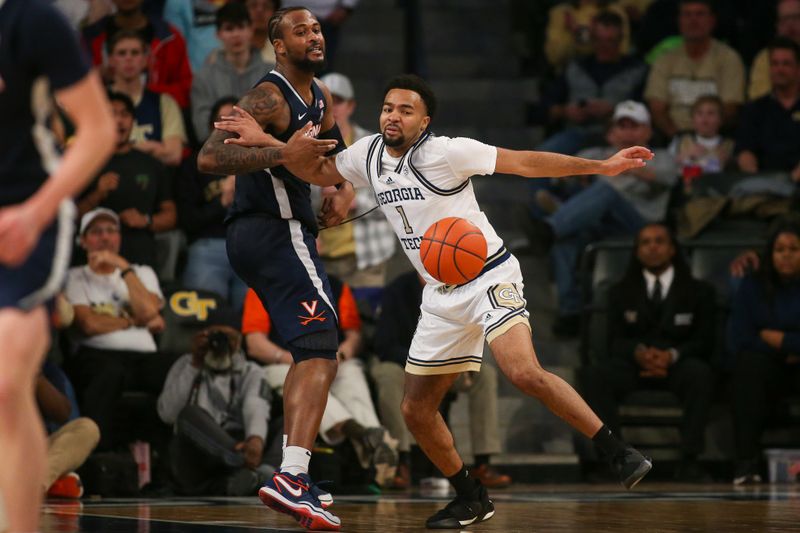 Jan 20, 2024; Atlanta, Georgia, USA; Georgia Tech Yellow Jackets guard Kyle Sturdivant (1) reaches for a loose ball with Virginia Cavaliers forward Jordan Minor (22) in the second half at McCamish Pavilion. Mandatory Credit: Brett Davis-USA TODAY Sports
