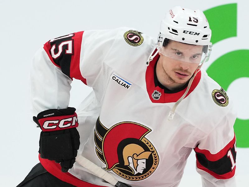 Apr 29, 2025; Toronto, Ontario, CAN; Ottawa Senators center Matthew Highmore (15) skates during the warmup before game five of the first round of the 2025 Stanley Cup Playoffs against the Toronto Maple Leafs at Scotiabank Arena. Mandatory Credit: Nick Turchiaro-Imagn Images