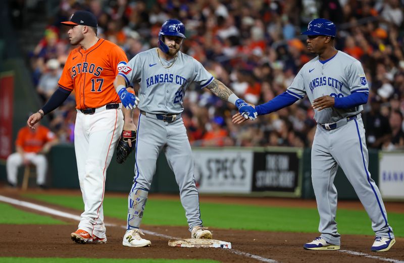 Aug 30, 2024; Houston, Texas, USA; Kansas City Royals center fielder Kyle Isbel (28) reacts after hitting a single to break up the Houston Astros no hitter in the eighth  inning at Minute Maid Park. Mandatory Credit: Thomas Shea-USA TODAY Sports