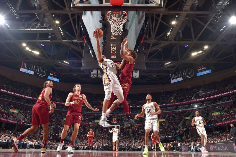 CLEVELAND, OH - NOVEMBER 20: Brandon Boston Jr. #11 of the New Orleans Pelicans drives to the basket during the game against the Cleveland Cavaliers on November 20, 2024 at Rocket Mortgage FieldHouse in Cleveland, Ohio. NOTE TO USER: User expressly acknowledges and agrees that, by downloading and/or using this Photograph, user is consenting to the terms and conditions of the Getty Images License Agreement. Mandatory Copyright Notice: Copyright 2024 NBAE (Photo by David Liam Kyle/NBAE via Getty Images)