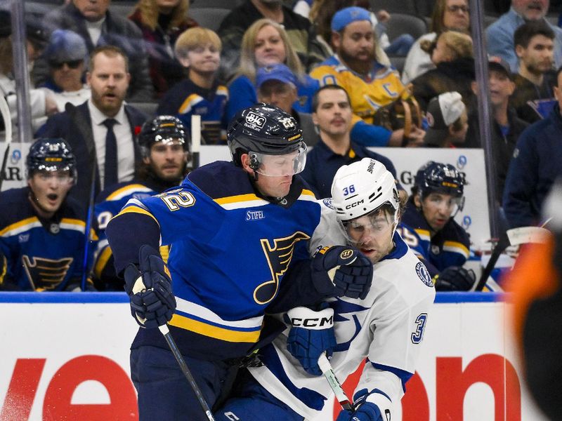 Nov 5, 2024; St. Louis, Missouri, USA;  St. Louis Blues defenseman Ryan Suter (22) checks Tampa Bay Lightning left wing Brandon Hagel (38) during the third period at Enterprise Center. Mandatory Credit: Jeff Curry-Imagn Images