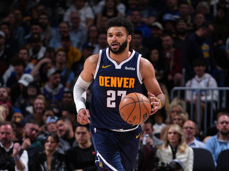 DENVER, CO - APRIL 10: Jamal Murray #27 of the Denver Nuggets dribbles the ball during the game against the Minnesota Timberwolves on April 10, 2024 at the Ball Arena in Denver, Colorado. NOTE TO USER: User expressly acknowledges and agrees that, by downloading and/or using this Photograph, user is consenting to the terms and conditions of the Getty Images License Agreement. Mandatory Copyright Notice: Copyright 2024 NBAE (Photo by Garrett Ellwood/NBAE via Getty Images)