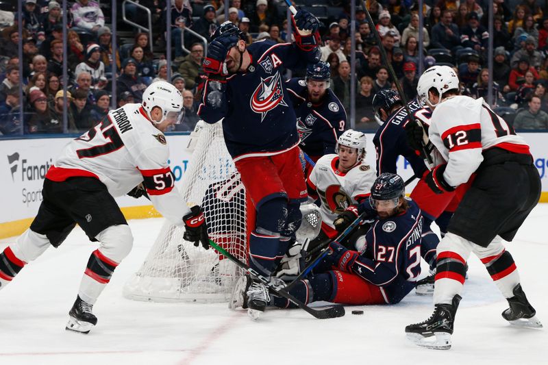 Jan 20, 2026; Columbus, Ohio, USA; Ottawa Senators left wing David Perron (57) reaches for the rebound of a Columbus Blue Jackets goalie Elvis Merzlikins (90) save during the first period at Nationwide Arena. Mandatory Credit: Russell LaBounty-Imagn Images