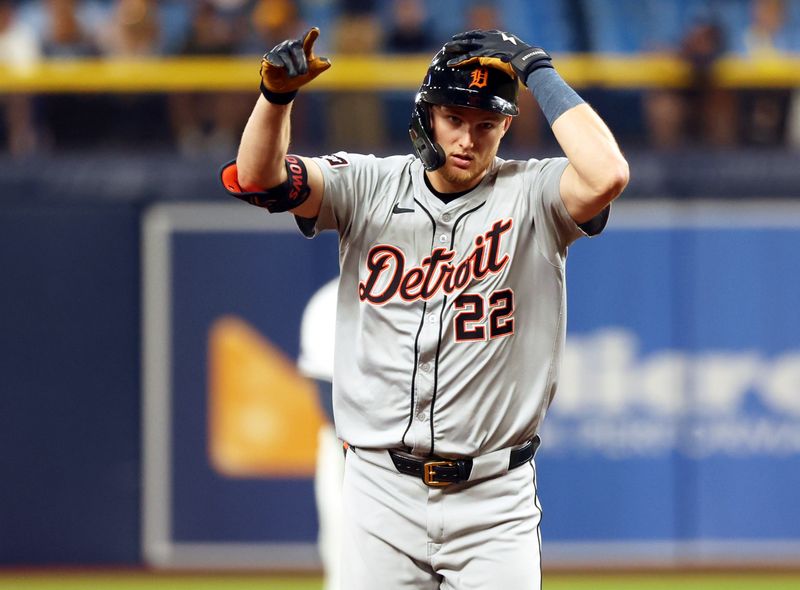 Apr 22, 2024; St. Petersburg, Florida, USA; Detroit Tigers outfielder Parker Meadows (22) runs around the bases after hitting a home run against the Tampa Bay Rays during the sixth inning at Tropicana Field. Mandatory Credit: Kim Klement Neitzel-USA TODAY Sports