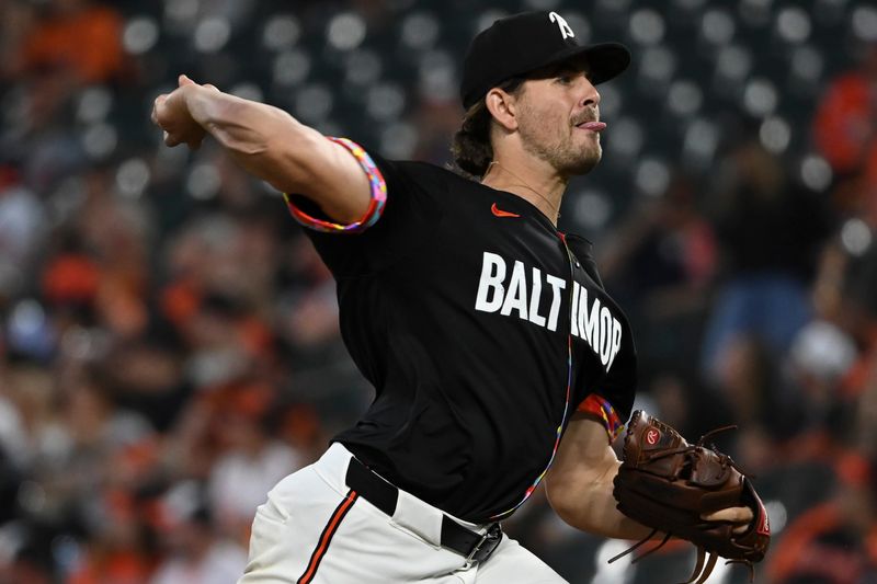 Sep 6, 2024; Baltimore, Maryland, USA;  Baltimore Orioles pitcher Dean Kremer (64) throws a third  inning pitch against the Tampa Bay Rays at Oriole Park at Camden Yards. Mandatory Credit: Tommy Gilligan-Imagn Images