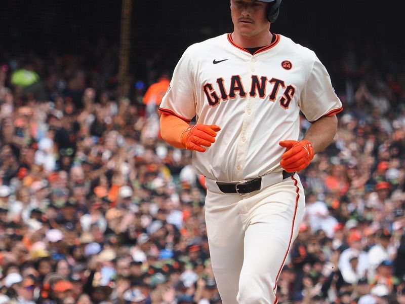 Aug 11, 2024; San Francisco, California, USA; San Francisco Giants third baseman Matt Chapman (26) scores a run against the Detroit Tigers during the sixth inning at Oracle Park. Mandatory Credit: Kelley L Cox-USA TODAY Sports