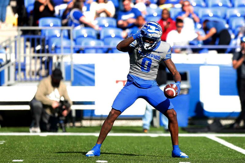 Nov 4, 2023; Memphis, Tennessee, USA;  Memphis Tigers  Demeer Blankumsee (0) celebrates after making a catch against South Florida at Simmons Bank Liberty Stadium. Mandatory Credit: Stu Boyd II-USA TODAY Sports