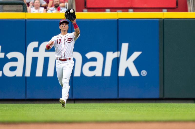 Aug 9, 2023; Cincinnati, OH, USA; Cincinnati Reds right fielder Stuart Fairchild (17) catches a fly ball hit by Miami Marlins right fielder Avisail Garcia (24) in the seventh inning of the MLB baseball game between Cincinnati Reds and Miami Marlins at Great American Ball Park in Cincinnati on Wednesday, Aug. 9, 2023.  Mandatory Credit: Albert Cesare-USA TODAY Sports