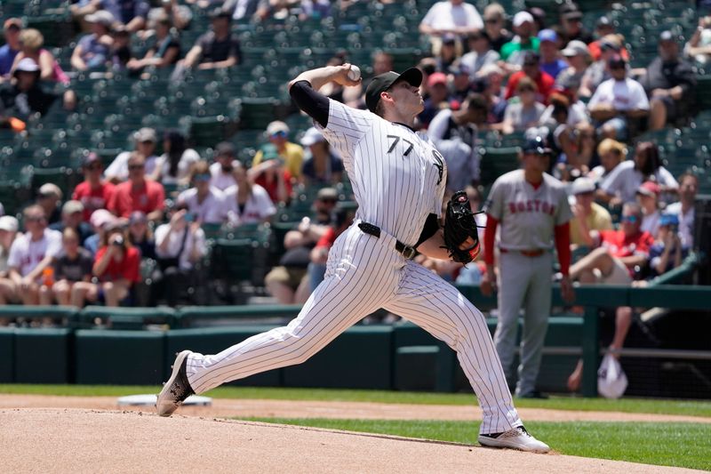 Jun 9, 2024; Chicago, Illinois, USA; Chicago White Sox pitcher Chris Flexen (77) throws the ball against the Boston Red Sox during the first inning at Guaranteed Rate Field. Mandatory Credit: David Banks-USA TODAY Sports