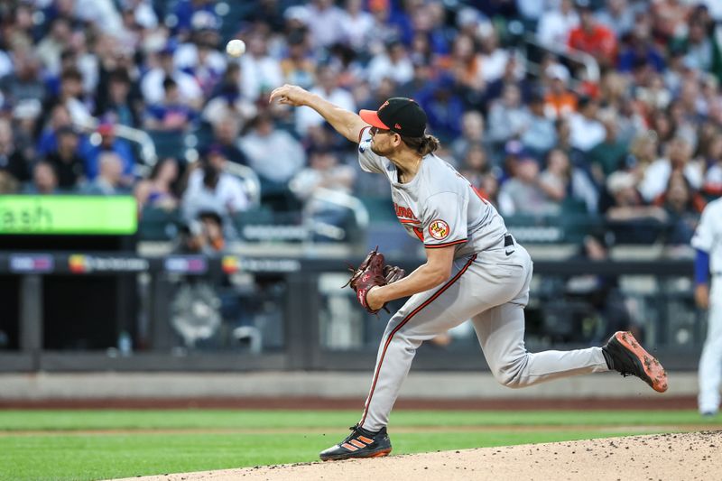 Aug 20, 2024; New York City, New York, USA;  Baltimore Orioles starting pitcher Dean Kremer (64) pitches in the first inning against the New York Mets at Citi Field. Mandatory Credit: Wendell Cruz-USA TODAY Sports