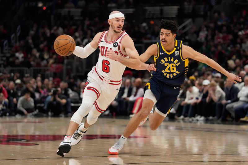 CHICAGO, ILLINOIS - MARCH 27: Alex Caruso #6 of the Chicago Bulls dribbles the ball against Ben Sheppard #26 of the Indiana Pacers during the first half at the United Center on March 27, 2024 in Chicago, Illinois. NOTE TO USER: User expressly acknowledges and agrees that, by downloading and or using this photograph, User is consenting to the terms and conditions of the Getty Images License Agreement. (Photo by Patrick McDermott/Getty Images)