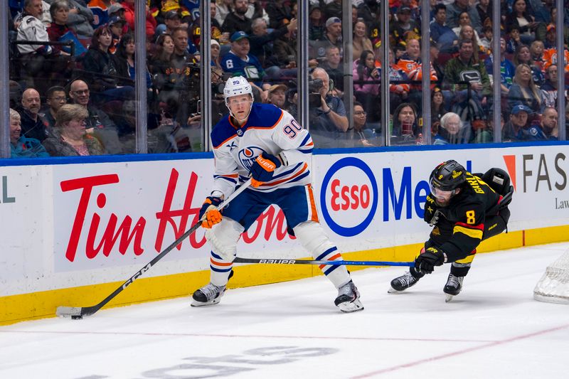 Nov 9, 2024; Vancouver, British Columbia, CAN; Vancouver Canucks forward Conor Garland (8) stick checks Edmonton Oilers forward Corey Perry (90) during the third period at Rogers Arena. Mandatory Credit: Bob Frid-Imagn Images