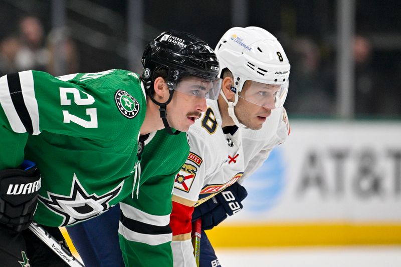 Mar 12, 2024; Dallas, Texas, USA; Dallas Stars left wing Mason Marchment (27) and Florida Panthers right wing Kyle Okposo (8) look for the puck off the face-off during the first period at the American Airlines Center. Mandatory Credit: Jerome Miron-USA TODAY Sports