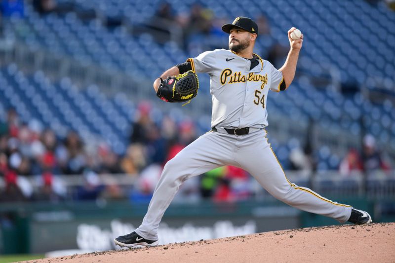 Apr 4, 2024; Washington, District of Columbia, USA; Pittsburgh Pirates starting pitcher Martin Perez (54) throws a pitch during the first inning against the Washington Nationals at Nationals Park. Mandatory Credit: Reggie Hildred-USA TODAY Sports