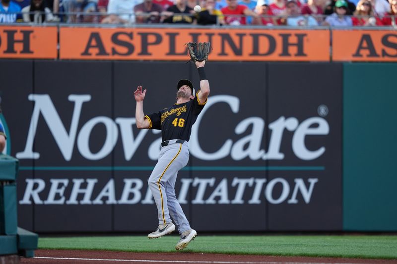 May 17, 2025; Philadelphia, Pennsylvania, USA; Pittsburgh Pirates outfielder Nick Solak (46) fields a fly ball against the Philadelphia Phillies in the second inning at Citizens Bank Park. Mandatory Credit: Kyle Ross-Imagn Images