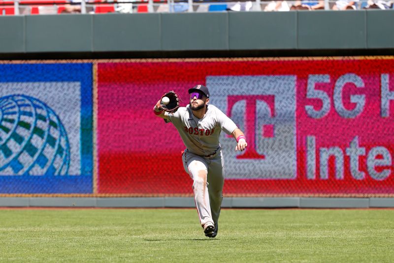 May 11, 2025; Kansas City, Missouri, USA; Boston Red Sox outfielder Wilyer Abreu (52) catches Kansas City Royals third base Jonathan India (6) fly to right field at Kauffman Stadium. Mandatory Credit: Gary Rohman-Imagn Images