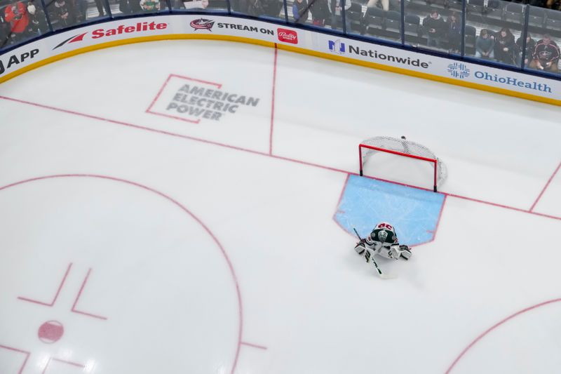 Jan 6, 2024; Columbus, Ohio, USA;  Minnesota Wild goaltender Marc-Andre Fleury (29) skates during warmups before a game against the Columbus Blue Jackets at Nationwide Arena. Mandatory Credit: Aaron Doster-USA TODAY Sports