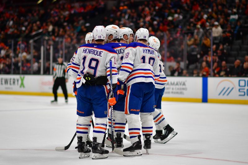 Apr 7, 2025; Anaheim, California, USA; Edmonton Oilers celebrate the goal scored by center Jeff Skinner (53) against the Anaheim Ducks during the third period at Honda Center. Mandatory Credit: Gary A. Vasquez-Imagn Images