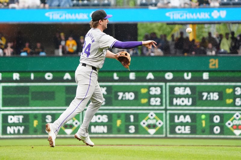 May 4, 2024; Pittsburgh, Pennsylvania, USA; Colorado Rockies shortstop Ezequiel Tovar (14) throws out Pittsburgh Pirates catcher Yasmani Grandal (not pictured) after fielding a ground ball during the ninth inning at PNC Park. Mandatory Credit: Gregory Fisher-USA TODAY Sports