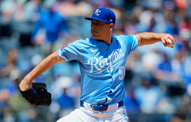 May 8, 2025; Kansas City, Missouri, USA; Kansas City Royals starting pitcher Kris Bubic (50) pitches during the first inning against the Chicago White Sox at Kauffman Stadium. Mandatory Credit: Jay Biggerstaff-Imagn Images