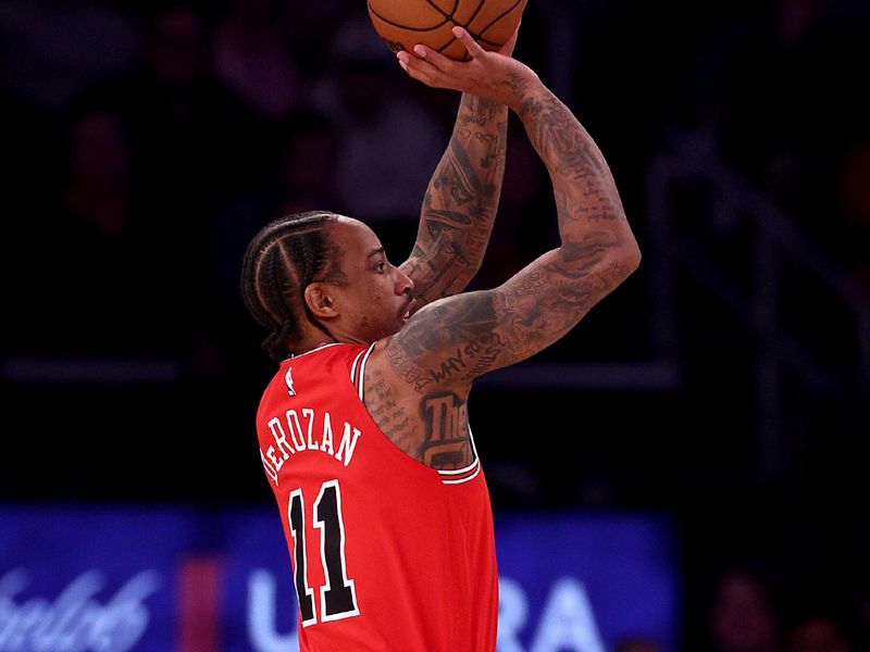 NEW YORK, NEW YORK - JANUARY 03: DeMar DeRozan #11 of the Chicago Bulls shoots a three point shot during the first half against the New York Knicks at Madison Square Garden on January 03, 2024 in New York City. NOTE TO USER: User expressly acknowledges and agrees that, by downloading and or using this photograph, User is consenting to the terms and conditions of the Getty Images License Agreement. (Photo by Elsa/Getty Images)