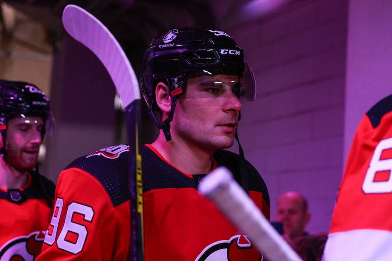 Mar 7, 2023; Newark, New Jersey, USA; New Jersey Devils right wing Timo Meier (96) walks to the ice before the first period of their game against the Toronto Maple Leafs at Prudential Center. Mandatory Credit: Ed Mulholland-USA TODAY Sports