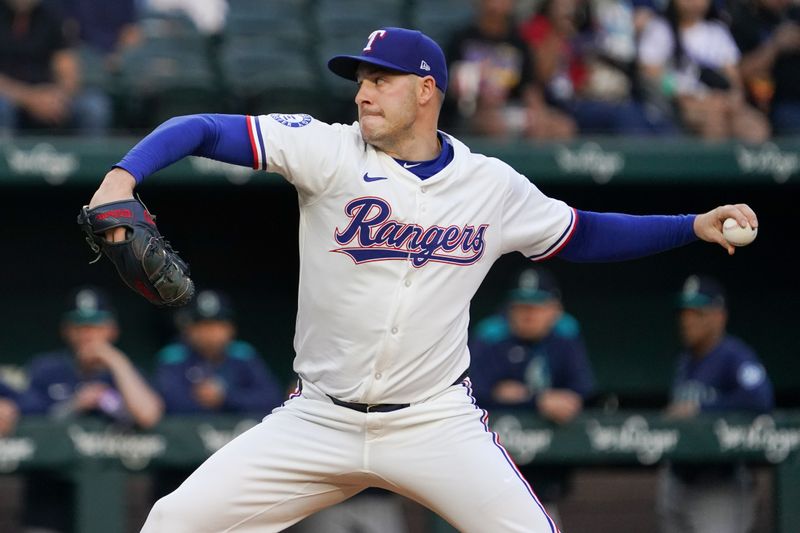 May 3, 2025; Arlington, Texas, USA; Texas Rangers pitcher Patrick Corbin (46) throws to the plate during the first inning against the Seattle Mariners at Globe Life Field. Mandatory Credit: Raymond Carlin III-Imagn Images