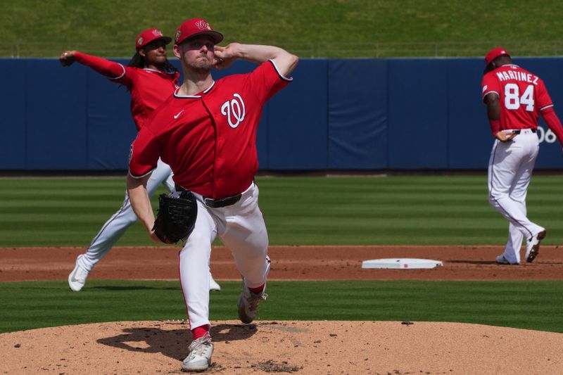 Feb 21, 2026; West Palm Beach, Florida, USA;  Washington Nationals pitcher Jake Eder (46) warms-up between innings during the game against the Houston Astros at CACTI Park of the Palm Beaches. Mandatory Credit: Jim Rassol-Imagn Images